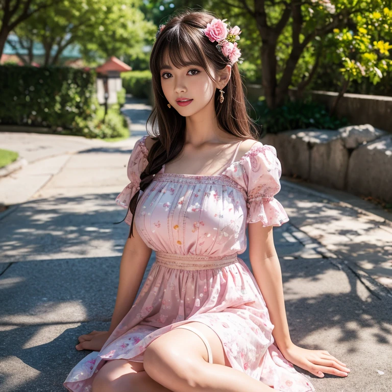 laughing out loud,travel scenery photos,Wear a sweet dress,Dress with pink flower pattern,Floral pattern scattered throughout the dress,Puff sleeves,Princess puff sleeves,Puff sleeves cover shoulders,Short sleeve,One-piece hem A-line skirt,(There is a layer of transparent mesh outside the skirt), Fluffy and lightweight dress,(The dress is made of mesh), There are pink ribbon bows on both sides of the collarbone.,A-line skirt with large hem,1 female, On the face, light brown hair, blunt bangs, hair behind ears, Shoulder-length hair, long hair, Slender body type, 超face slimming型, face slimming, delicate lips, beautiful eyes, Thin blush, Eyes are light brown,View here, (actual:1.3), One person's perspective, 8k, Super detailed, high quality, best quality, High resolution,2,above knee shot,Breast protrusion,Full breasts, breasts in clothes,No breasts,H CUP BREAST