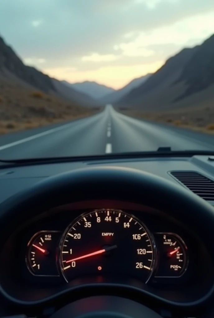 car dashboard showing fuel gauge close to empty, with a long road background to symbolize the increase in consumption