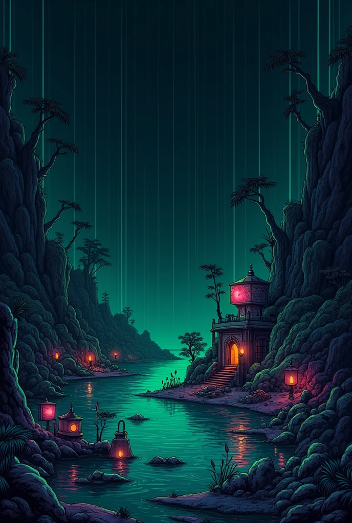 Create a dark scene with colors: green water, dark blue, pastel blue, roxo e vermelho com uma borda no tom dark blue e listras em um tom de azul mais claro Com objetos diferentes sem ser perto de um rio 