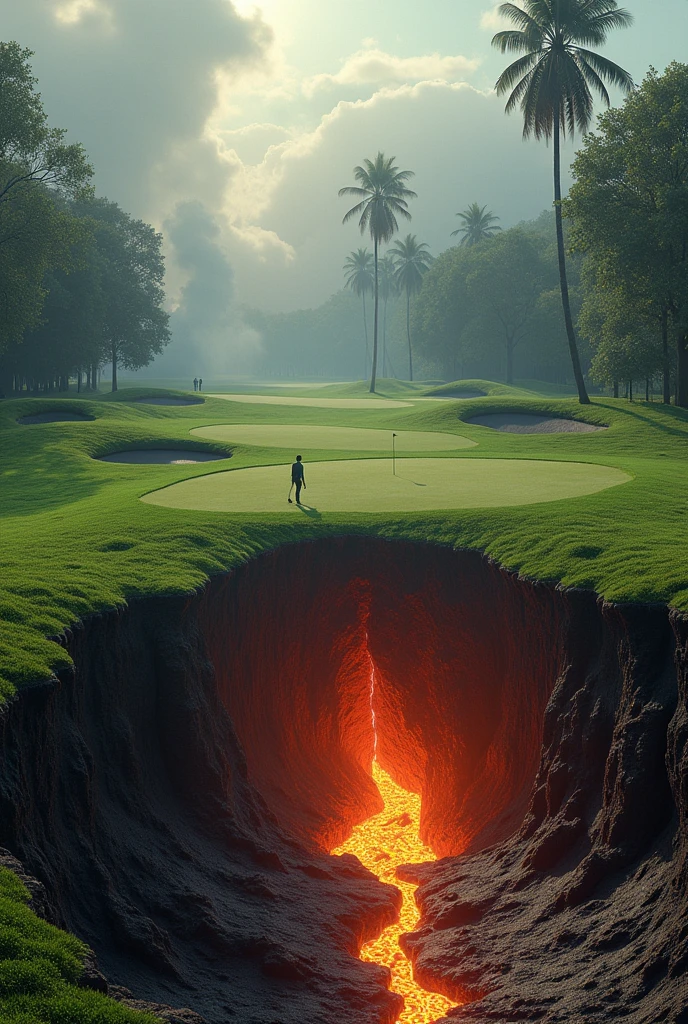 Golf course photos　Synthesis with volcanoes　Ground cracking　The ground is burning like magma