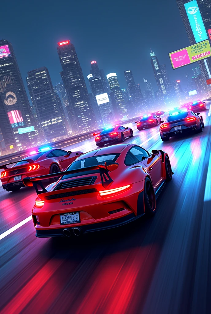 Highway in a night, street illegal racers,police chase,fast,gt3rs,Ferrari,Lamborghini,supercar,high speed,cartoon,