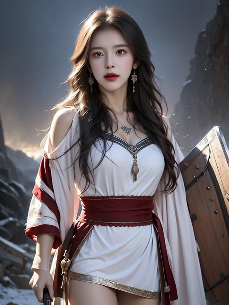  an image of a female Viking warrior, muscular and fierce, standing in a battle-scarred landscape with blood rain pouring down around her. She's got an 8-pack and is wielding a sword and shield, ready to take on whatever comes her way.