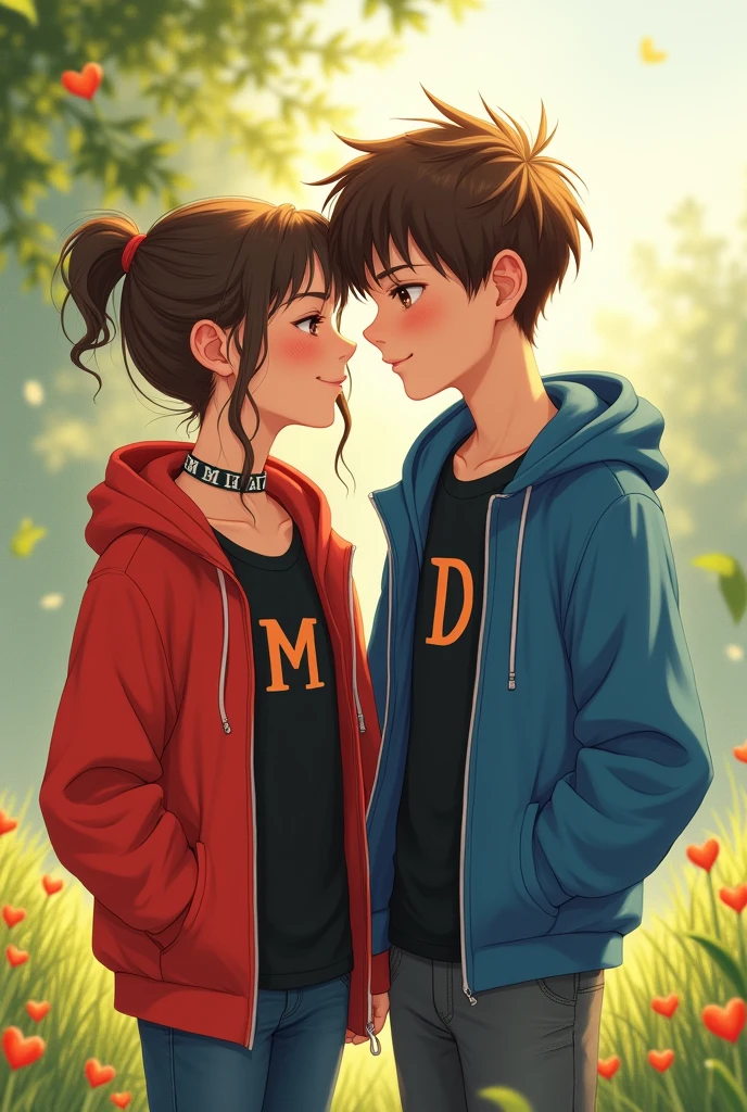 Create a girl and a boy in love, the girl wearing a red jacket with the initial M on the black shirt and a cat collar and the boy wearing a blue jacket with the initial D on the black shirt and a cat collar