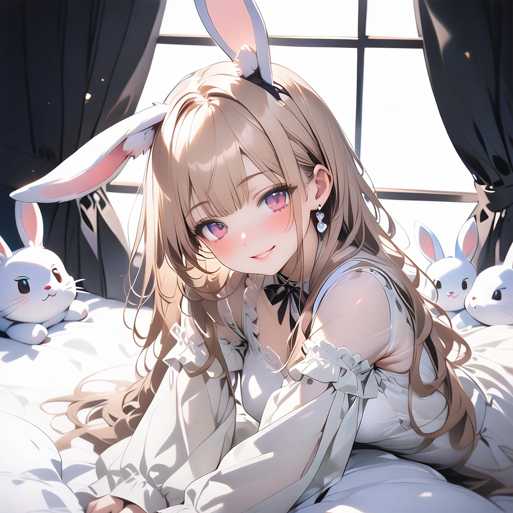 1 rabbit girl, rubellite eyes, fluffy rabbit ears, very long hair, seductive smile, parted lips, cute,
medium breasts,
gothic lolita,
head tilt, leaning back, sitting, wariza, curtains, stuffed toy, pillow,
sharp focus, looking at viewer, cowboy shot, light white theme, bright white tone, illustration,
BREAK ,masterpiece, best quality, ai-generated,