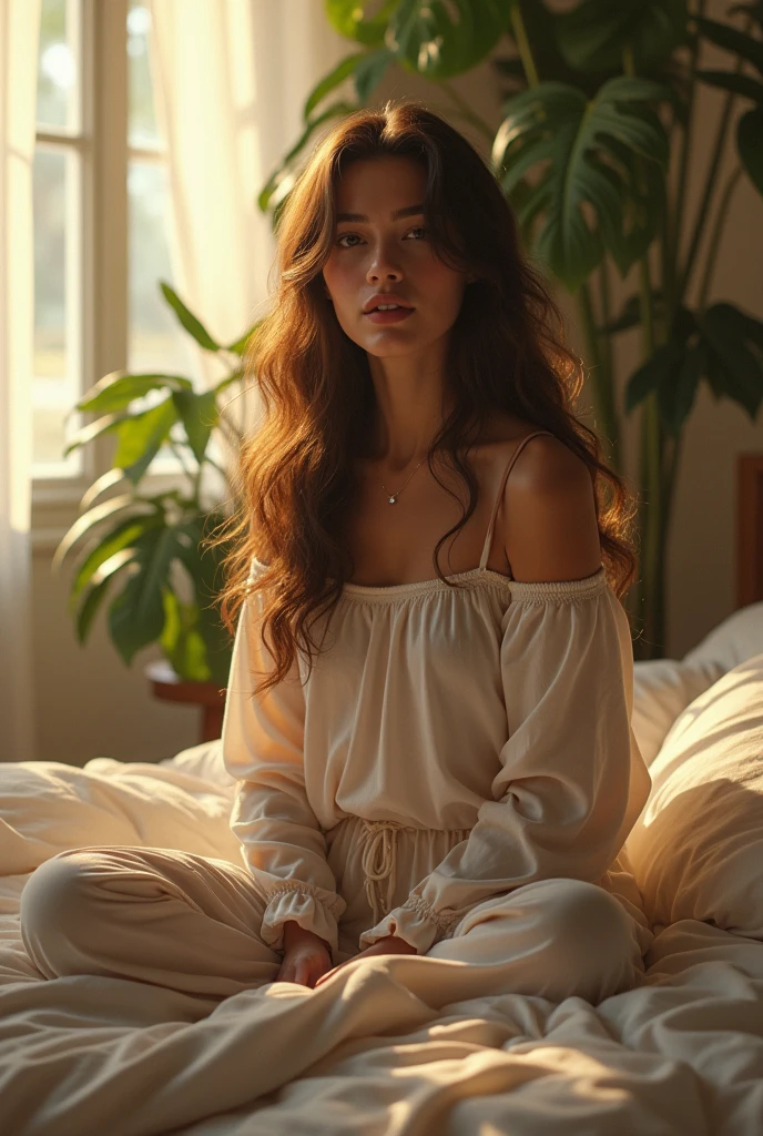 (photorealism:1.2), beautiful woman, sitting on bed, wearing loose off-shoulder top, pajama pants, long curly hair, indoors, soft lighting, plants in background, window with sunlight, cozy room, relaxed pose, realistic, intricate details, warm colors, by Greg Rutkowski, by Alphonse Mucha