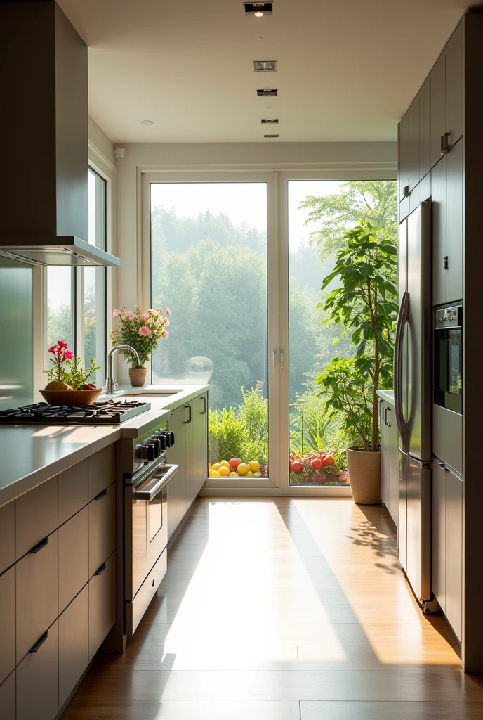 The spacious kitchen boasts a sleek counter with a stylish gas stove. Above the stove, a large glass window with a white wooden frame offers a refreshing view of a vibrant garden blooming with fruits, vegetables, and flowers in the morning light. The room also features a modern sink, a contemporary refrigerator, and an elegant oven, all contributing to its functional and aesthetically pleasing design. The morning sunlight streaming through the window highlights the kitchen’s bright and inviting atmosphere.