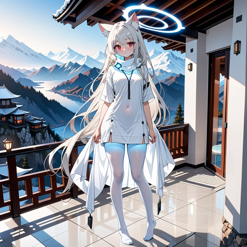 masterpiece, highest quality, highest resolution, clear_image, detailed details, white hair, long hair, 1 girl, cat ears, red eyes, futuristic halo, oversized white shirt, white scarf (around the neck withn a light blue glow), white pantyhose, full body, no water marks, no panties, in mountain villa