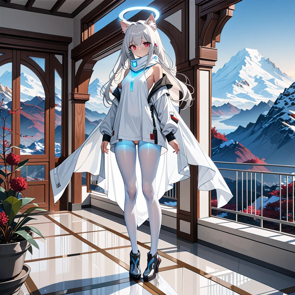 masterpiece, highest quality, highest resolution, clear_image, detailed details, white hair, long hair, 1 girl, cat ears, red eyes, futuristic halo, oversized white shirt, white scarf (around the neck withn a light blue glow), white pantyhose, full body, no water marks, no panties, in mountain villa