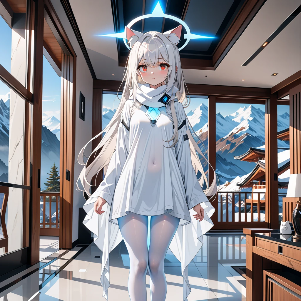 masterpiece, highest quality, highest resolution, clear_image, detailed details, white hair, long hair, 1 girl, cat ears, red eyes, futuristic halo, oversized white shirt, white scarf (around the neck withn a light blue glow), white pantyhose, full body, no water marks, no panties, in mountain villa