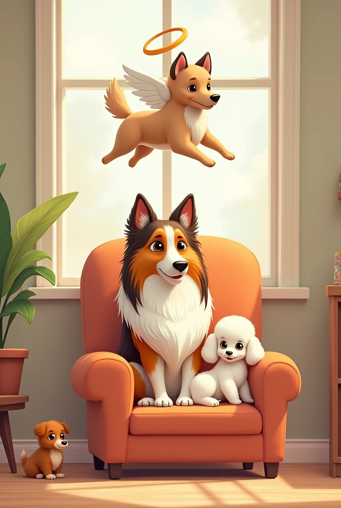 Create a cartoon An adult female Collie breed (long hair and pointed nose) light brown and white; sitting on an armchair, Next to her a small white toy poodle dog lying down. And above them a beige poodle dog with wings and an angel halo. And next to the chair a brown Collie dog 