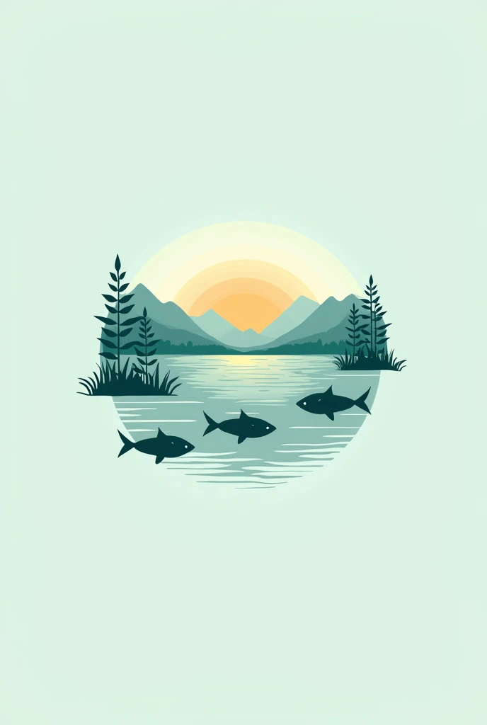 Draw three variants of fish processing plant logo in soft turquoise tones in lake fish around lake mountains rising sun