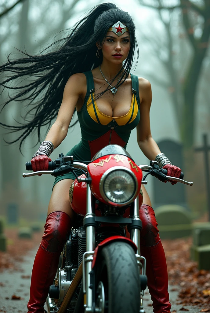 (((From very close-up (((rogue x-men))) A beautiful woman riding a futuristic high-powered motorcycle))),(((Cali Green and Yellow Wonder Woman Scale One Piece Suit (((Suit that covers your entire body))),(((Wonder Woman red corset over jumpsuit ))),(((Black hair with a white lock gathered in a braided ponytail))),((((Hair six feet long blowing in the wind)))Silver metal diaema with a red star on its forehead Long silver bracelets Long red boots above its knees Blood around it (((cursed cemetery))),(((Bloody and terrifying images of a high-displacement red motorcycle with Wonder Woman logos))),(((rogue x-men))) marvel universe