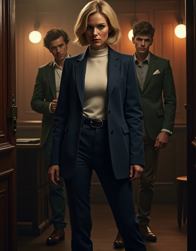((super photographic, superrealism)), Woman  face zoom up , (1 woman and 1 man is existence), 1 young man   is hidden behind  007 woman, Front view, (( Action pose, one hand, straight punch:1.3)), action cinema,  action scene , grip hand gun, Full body, solon,  Actress of 007 , in  Pub , (1 Scottish woman , 30 age old ,(gold hair, short cut, serious, glare at man), ((wearing  Navy Blue blazer jacket, white turtleneck sweater,  Navy Blue pants, leather black belt,  brown shoes :1.5)) ,  Bond boy help 007, in entrance pub, sole (1 Scottish boy, 1, brown hair, short cut,,serious) (green brazer, brown pants, brown shoes ),((super detail, high details, high quality, accurate, anatomically correct, textured skin, beautiful fingers super detail, high details, high quality, best quality))