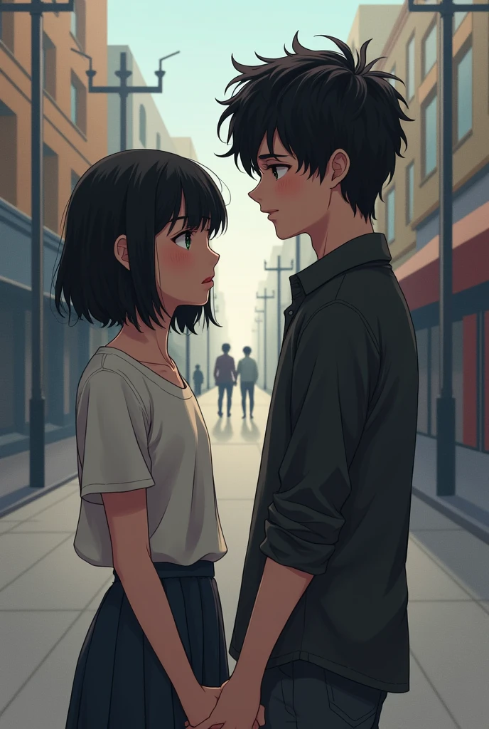 Short black haired teenage girl with a cold and depressing expression with teenage boy with a cheerful expression,happy black hair . The two holding hands in the background of a square  