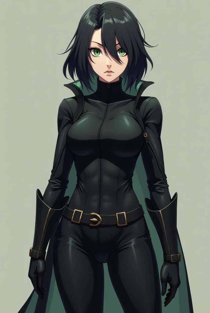 A half-elf animated female character with medium-long hair, wavy and dark, black, with an asymmetrical hairstyle that partially covers one side of her face. His eyes are a deep green color. She is wearing a black outfit that includes a long, tight-fitting jacket., with long sleeves and shorts . The jacket has a belt tied at the waist., that fastens in the front.  Wear gloves and high boots, ambas black. The posture and facial expression suggest that she is ready for a battle or quick action.. She is tall and serious.