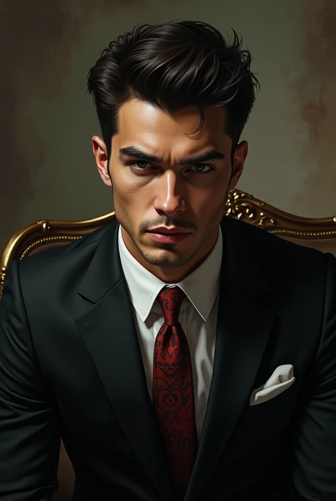 An attractive man,comely, Youngh, mafioso serious look, using suit, tatuados