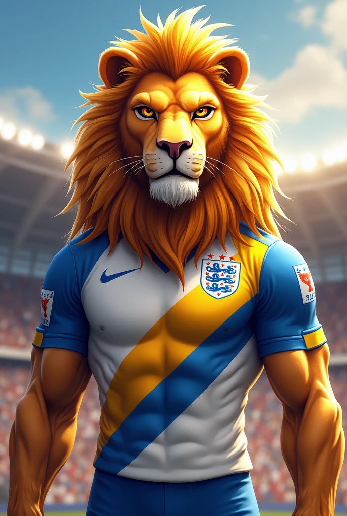 a lion mascot of an English football team, with white blue and yellow shirt
