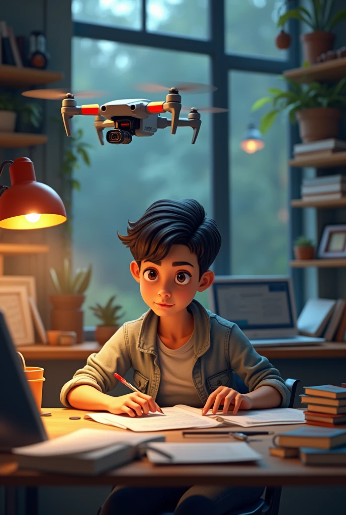 Engineering student appears surrounded by books, a computer and a drone flying over his head,