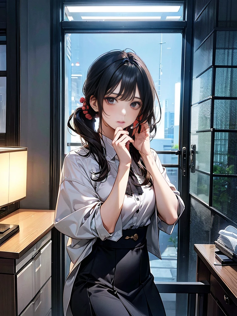 Adult woman with narrowed eyes,career woman,office lady,suit,blouse,Jacket,ribbon,Tight Skirt,pumps,lawyer,nice,gauze, シャネルのsuit,amount,Anatomically correct, Accurate, masterpiece, Highest quality, number々Awards for, Textured skin, retina, retina, Black Hair, Half-up hairstyle, Solemn, column lineup,Cinematic Lighting Effects, Anime Style, Japanese illustration style, Half-up hairstyle, Very mature,Office scenery