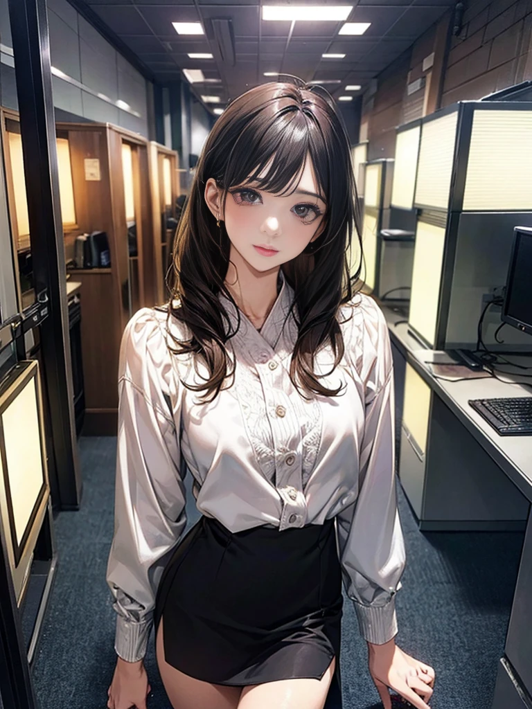 Adult woman with narrowed eyes,career woman,office lady,suit,blouse,Jacket,ribbon,Tight Skirt,pumps,lawyer,nice,gauze, シャネルのsuit,amount,Anatomically correct, Accurate, masterpiece, Highest quality, number々Awards for, Textured skin, retina, retina, Black Hair, Half-up hairstyle, Solemn, column lineup,Cinematic Lighting Effects, Anime Style, Japanese illustration style, Half-up hairstyle, Very mature,Office scenery