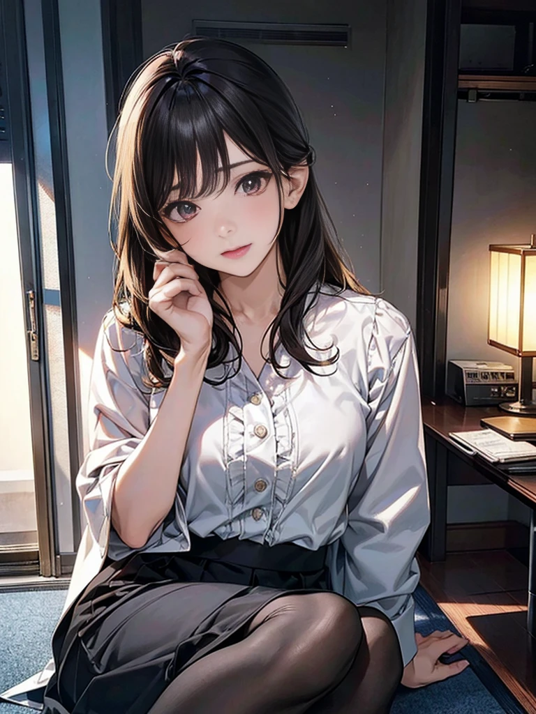 Adult woman with narrowed eyes,career woman,office lady,suit,blouse,Jacket,ribbon,Tight Skirt,pumps,lawyer,nice,gauze, シャネルのsuit,amount,Anatomically correct, Accurate, masterpiece, Highest quality, number々Awards for, Textured skin, retina, retina, Black Hair, Half-up hairstyle, Solemn, column lineup,Cinematic Lighting Effects, Anime Style, Japanese illustration style, Half-up hairstyle, Very mature,Office scenery