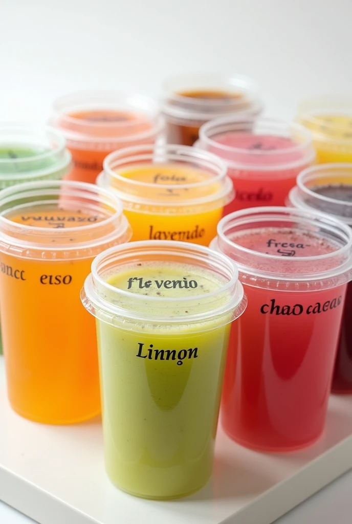 Transparent plastic containers with liquid, the same size, Each one with one must have these names in Spanish, vainilla, lavender, flores, strawberry, lemon, apple cinnamon, coco, green tea, chocolate, rose,