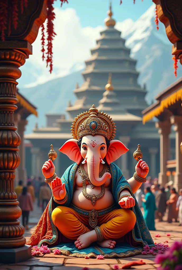 In decorative pandala decoration of full Kedarnath mandir in back ground original image and in front of it ganpati bappa murti