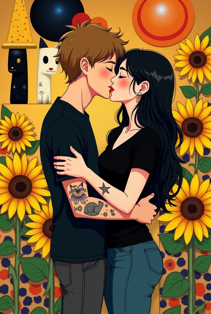 The painting The Kiss by the painter Gustav Klimt but with a boy with light brown hair, a little bit cheesy, with curly hair tall white skinny, very white cute, 20 years old white girl with long black hair, cut in layers and thick lips, short in stature, not in fancy dresses but in cool clothes, the with. Black t-shirt and pants below, She dressed in black and modern, She has tattoos on her arm all over her arm of a kuromi, some cats, some flowers, She's not that thin but she's not chubby either and they both love each other very much with their eyes closed and cats and sunflowers South Park cartoon style