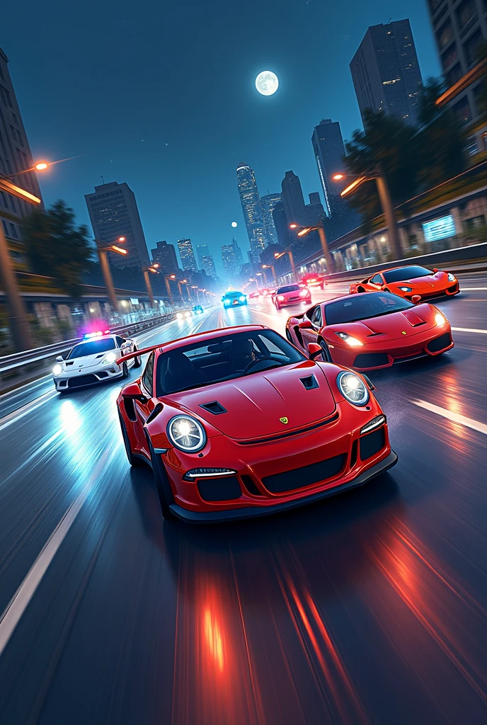 Highway in a night, street illegal racers,police chase,fast,gt3rs,Ferrari,Lamborghini,supercar,high speed,cartoon,car fly
