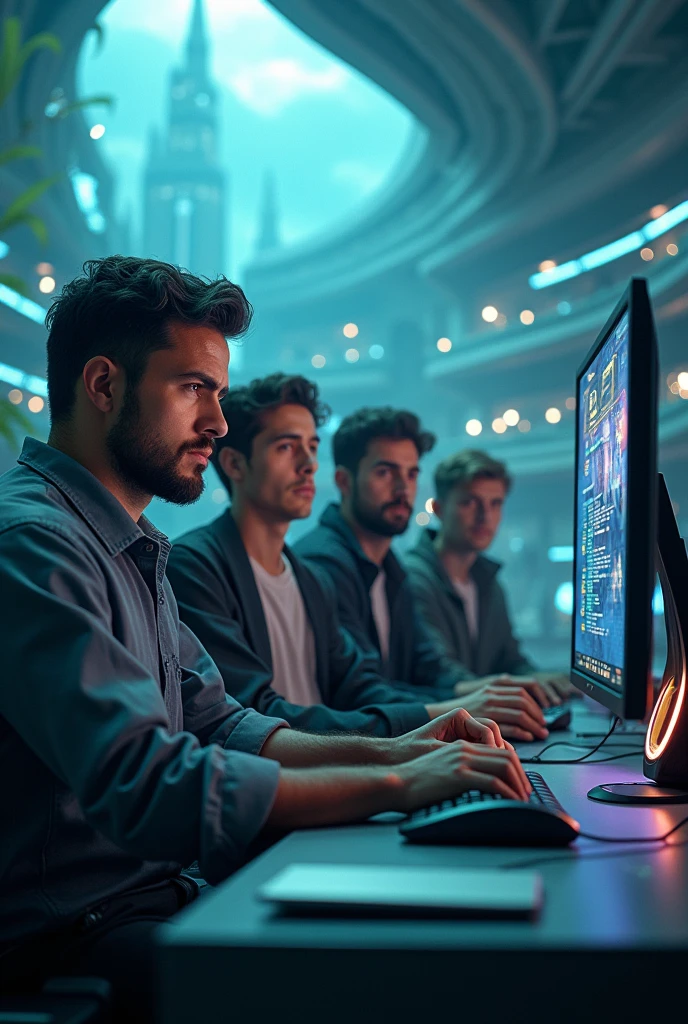 Draw a man playing computer and his angry friends watch behide him in posidon city
