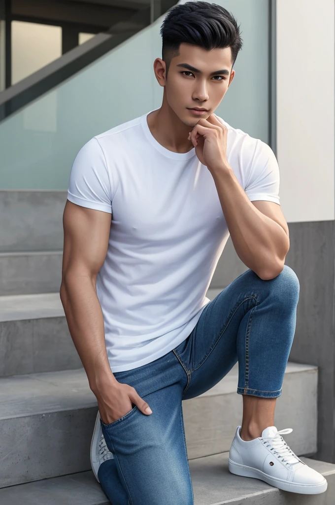 ((best quality)), ((masterpiece)), (detailed), perfect face,Clean white skin ,A handsome Indonesia man with a clean face, very short black hair, the sides are faintly visible, Ideal muscular body,wearing a T-shirt with a picture, jaket,slightly torn jeans, sneakers ,realistic hd 