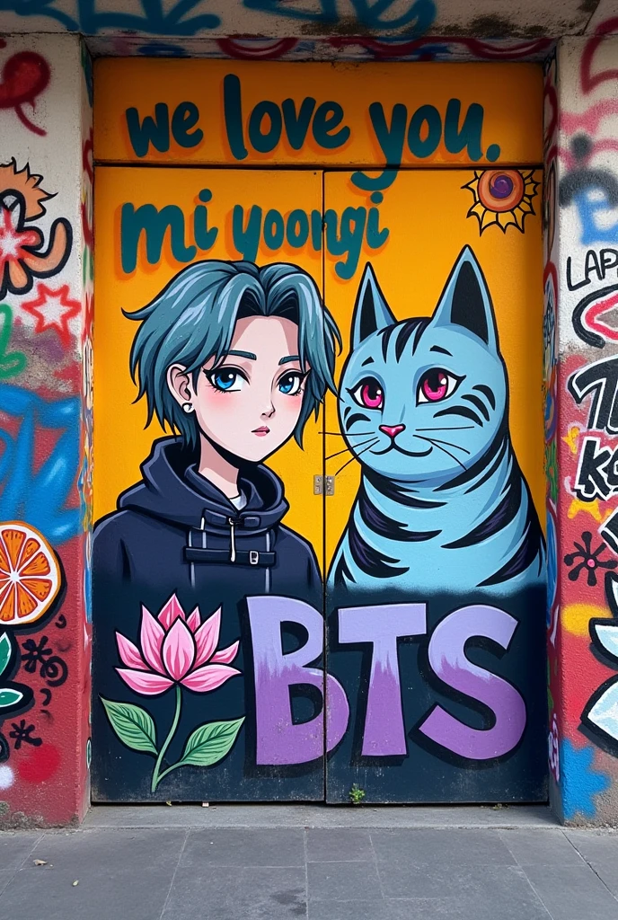 image of a wall on a street in Brazil with graffiti writing on the wall saying &#39;we love you Mi Yoongi&#39; and a tangerine drawn on it, lotus flowers and a drawing of a cat on the wall with purple details. And a writing like graffiti with the letters BTS.