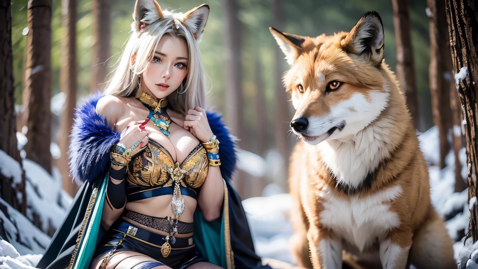 A beautiful, sexy, voluptuous anthropomorphic fox character with long, flowing white hair and sky-blue fur, with traits of the Dark Magician Girl character from Yu-Gi-Oh! She sits in a snowy forest, surrounded by tall, snow-covered pine trees. The character has large, expressive blue eyes, pointed ears, and a fluffy tail, with intricate tribal markings on her fur. She holds a beautifully carved wooden bow, and her outfit is adorned with blue and gold patterns, highlighting her status as an expert archer. The winter scenery is serene, with soft sunlight filtering through the trees, casting a magical glow on the scene.