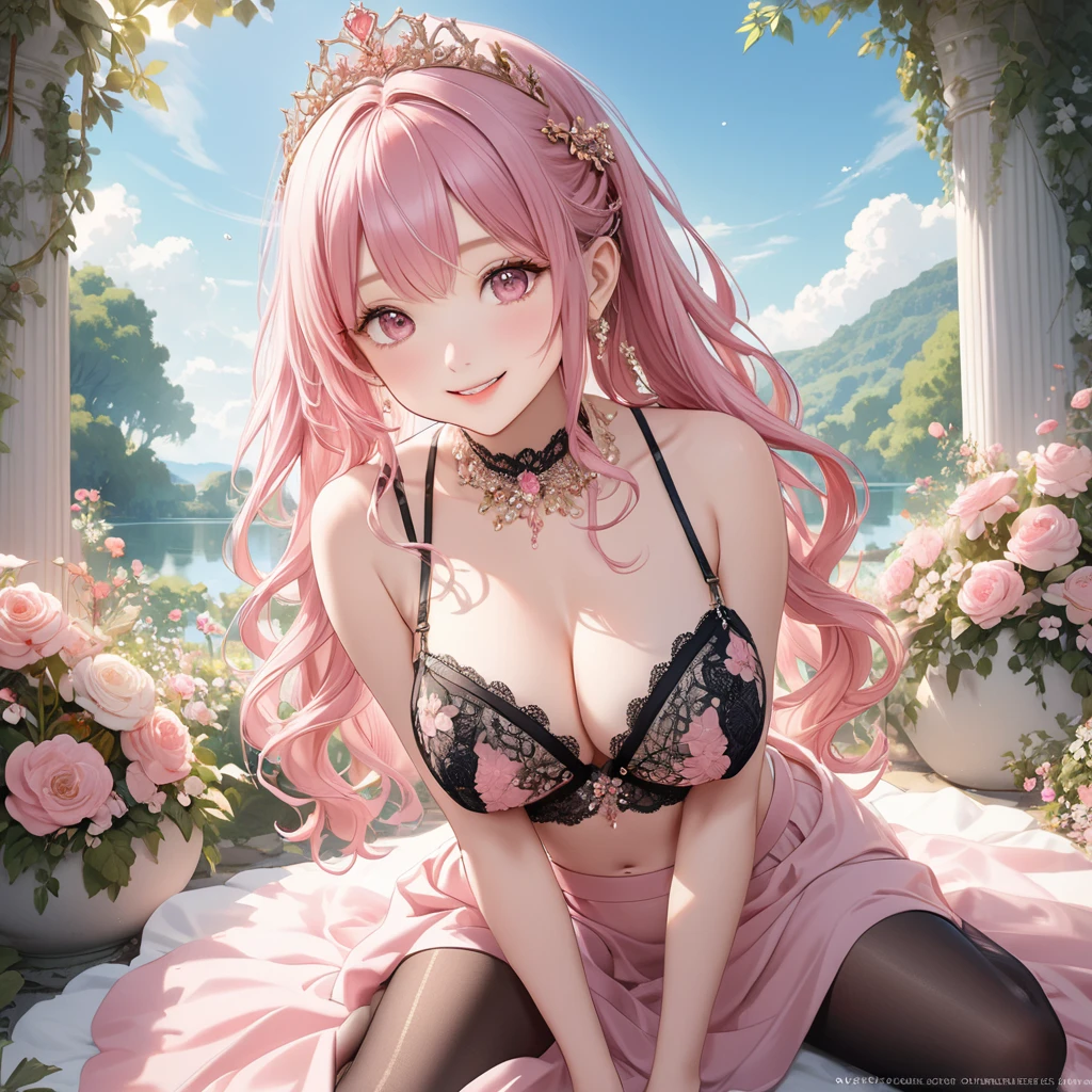 (8k, Tabletop, Highest quality, Highest quality, Official Art, Breathtaking beauty and aesthetics, expensively detailed, The greatest masterpiece ever made, 息を呑むほどbeautiful照明:1.2), (1 person, alone), (), (beautiful detailed face), (Glowing White Skin), (beautiful detailed pink twin tails hair, bangs:1.3), (Beautiful delicate droopy pink eyes:1.5), break, (beautiful detailed cute black See-through intricate lace bra and side tie , Black ribbon), break, (tights, expensive_gap, beautiful detailed black garter stockings), (beautiful Gorgeous Diamonds Tiara), (beautiful big bust:1.5), (happy beautiful Gentle cute innocent smile:1.2), (Charm, wonderful, beautiful, elegant, Gorgeous, grow, Eye-catching, elegant, Everyone loves it, I was healed, Cute like an idol, Stylish like a fashion model, Graceful like a goddess, Looking at the camera, Cute pose, Happy), Nice views, (ultra detailed realistic Breathtakingly beautiful Gorgeous garden, blue sky:1.2),