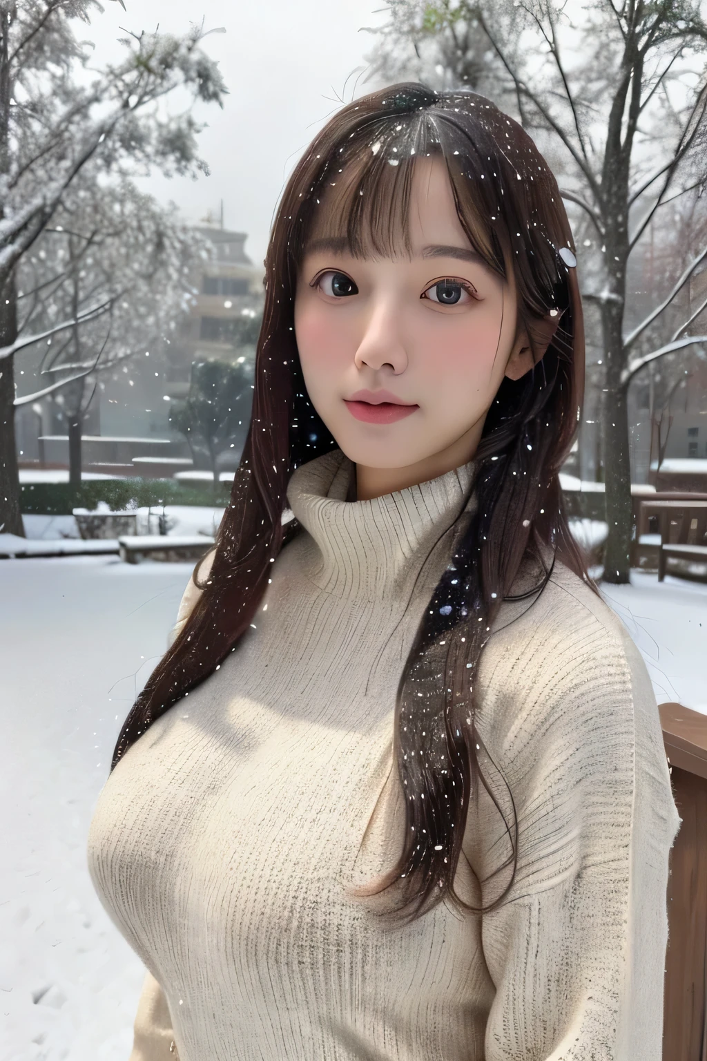 (masterpiece:1.35),(best-quality:1.4),8k,ultra-detailed,photography,(ultra-realistic:1.4), adult girl, long hair, sweater, snowing background, Large Breast, Slim Body,