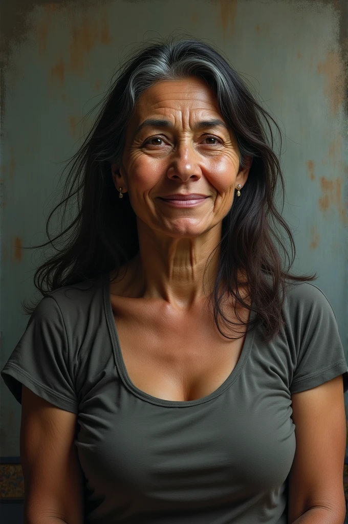 Woman in her 50s, who works as a domestic worker, poor and simple, of long hair, latina, big breasts.