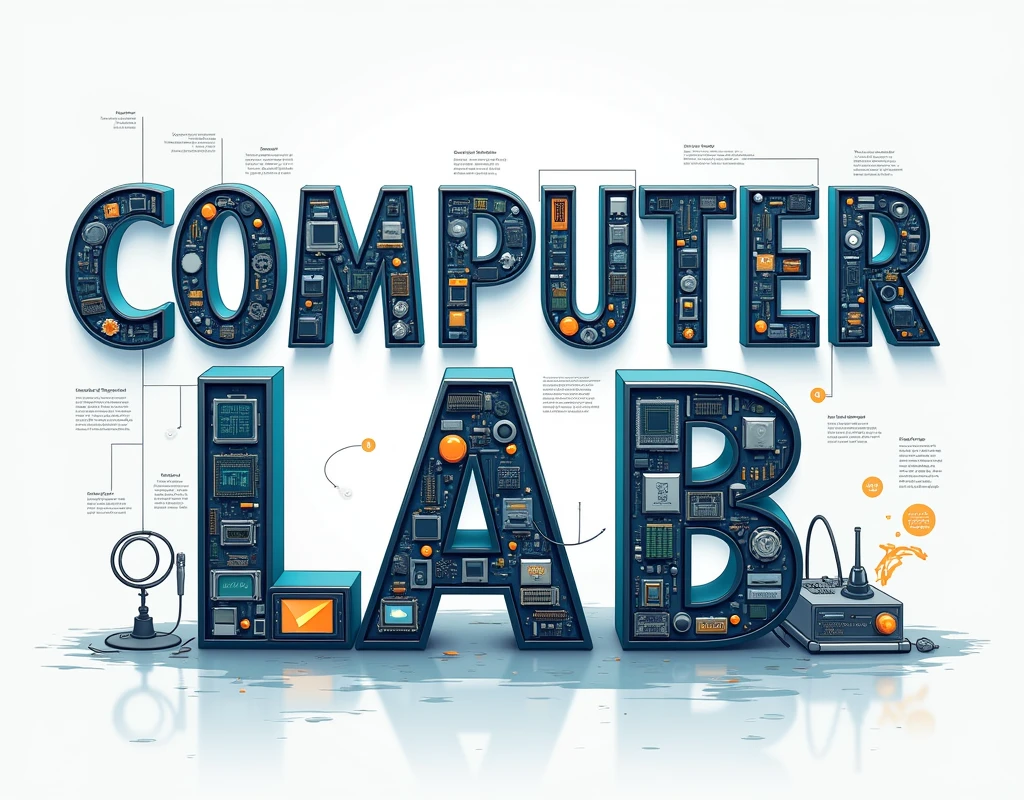 Illustrate the words "Computer Lab" and have each letter completely filled with an object from the field of computer science. Let the size be 1024x780
Illustration concept:

C: CPU (Central Processing Unit)
O: Optical Mouse
M: Motherboard
P: Power Supply Unit
U: USB Flash Drive
T: Tablet
E: Ethernet Cable
R: RAM (Random Access Memory)
L: Laptop
A: Arduino Board
B: Bluetooth Headset