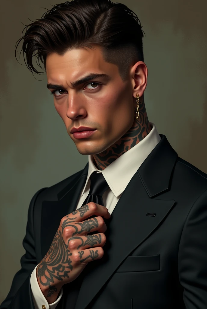 An attractive man,comely,  Youngh, mafioso serious look,  using suit,  tatuados
