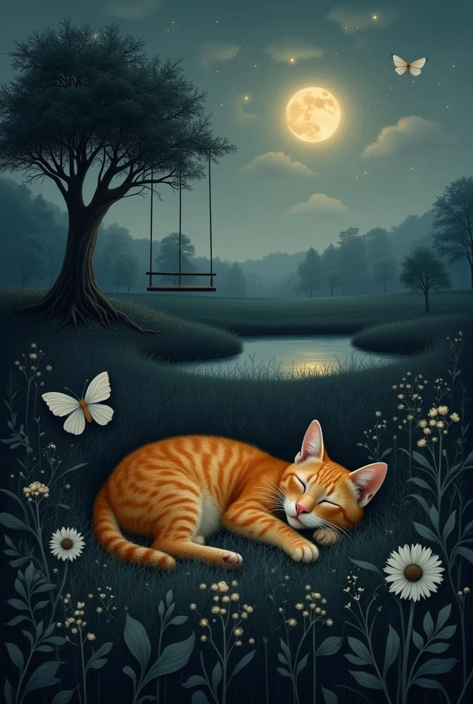 a field at night where there is an orange cat sleeping and black flowers around it and a white butterfly walks around with the few fireflies near the cat, to the light of the Moon, On one side you see a small, old tree with a swing on the tree and next to a pond. Old portrait type with dark colors. I&#39;m terrified