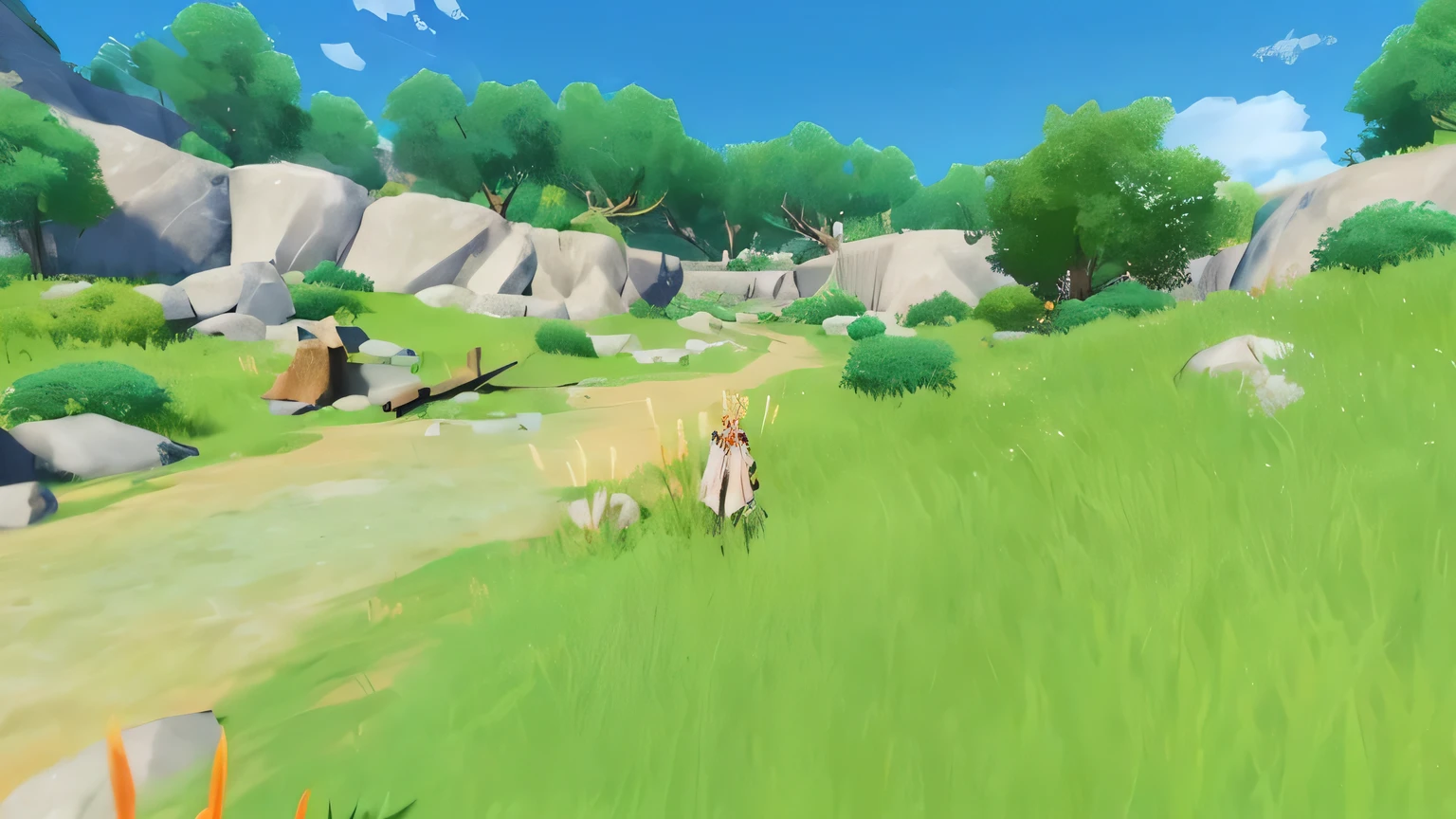 screenshot of a grassy field with rocks and trees, grassland, Vast grassland, 超宽Game screenshot, Genshin Impact, video game Genshin Impact impact, nice environment, In the vast and peaceful scenery, Peaceful countryside environment, screenshot, ayaka game Genshin Impact impact, Game screenshot, Explore a friendly new land, Game screenshot, Genshin Impact impact style