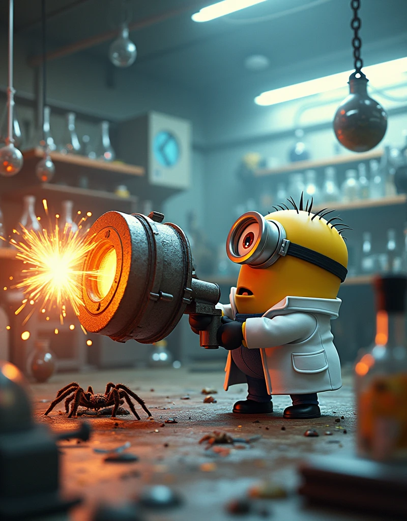 Minion Kevin wearing a scientist suit pushes a large machine towards the spiders,The scene creates a small explosion. The lab was in chaos with equipment scattered everywhere..