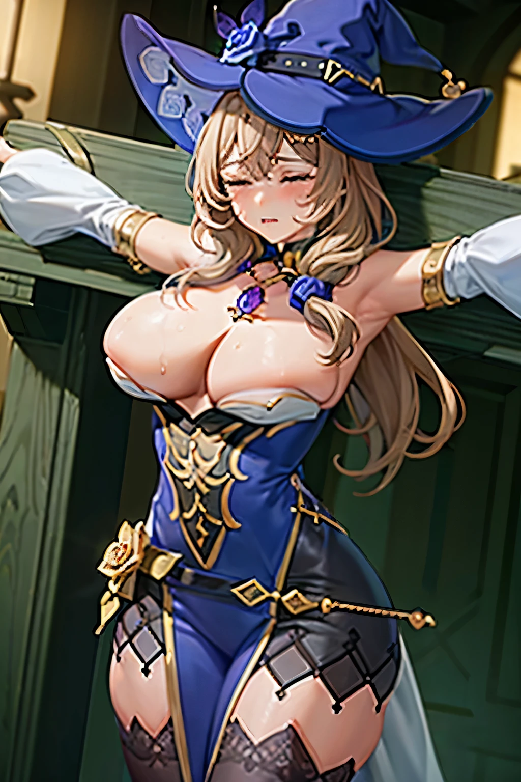 tied up her arms ,eyes closed ,very large breast ,((Crucifixion,リサがcrossにCrucifixionにされている)) , cross, in a church ,pussy juice:1.5 ,crying face ,scream, tears ,hyper realistic ,intricate details ,photorealistic ,cinematic lighting ,dramatic composition ,muted colors ,chiaroscuro lighting, moody atmosphere, fine art painting ,detailed face ,highly detailed, masterpiece:2, best quality:1.5, 8k:2 ,4K ,2k, Suggestive liquid,