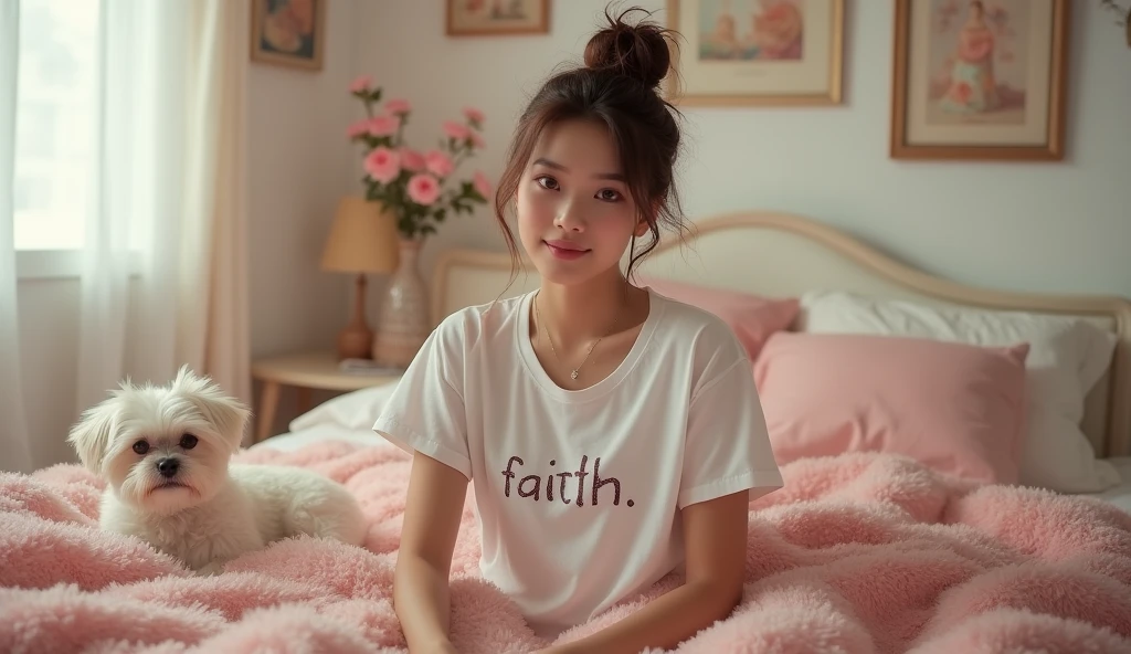 a beautiful tanned japanese woman 2 wearing white messy loose t-shirt, write "FAITH" on her t-shirt, with messy bun hair highlighted brown, seen sitting and daydreaming looking at camera on her glittery cozy fluffy messy glittery soft pink sheet bed, pink fur blanket, broken white wall in her room with paintings on the wall and pink rose petals on the bed too, fluffy fur maltese mini laying beside her, glitters and particles and nice lighting, UHD, HDR, 8k, Masterpiece