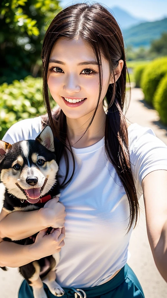 magazine cover without title,、FULL BODYSHOT,Natural navel、１０ Large dog posing with a 1--old l,shyly smile,7 months nt,Hugs of large dogs,Real Light,Commemorative photo of a pregnant woman and her dog in Japan、(NSFW)