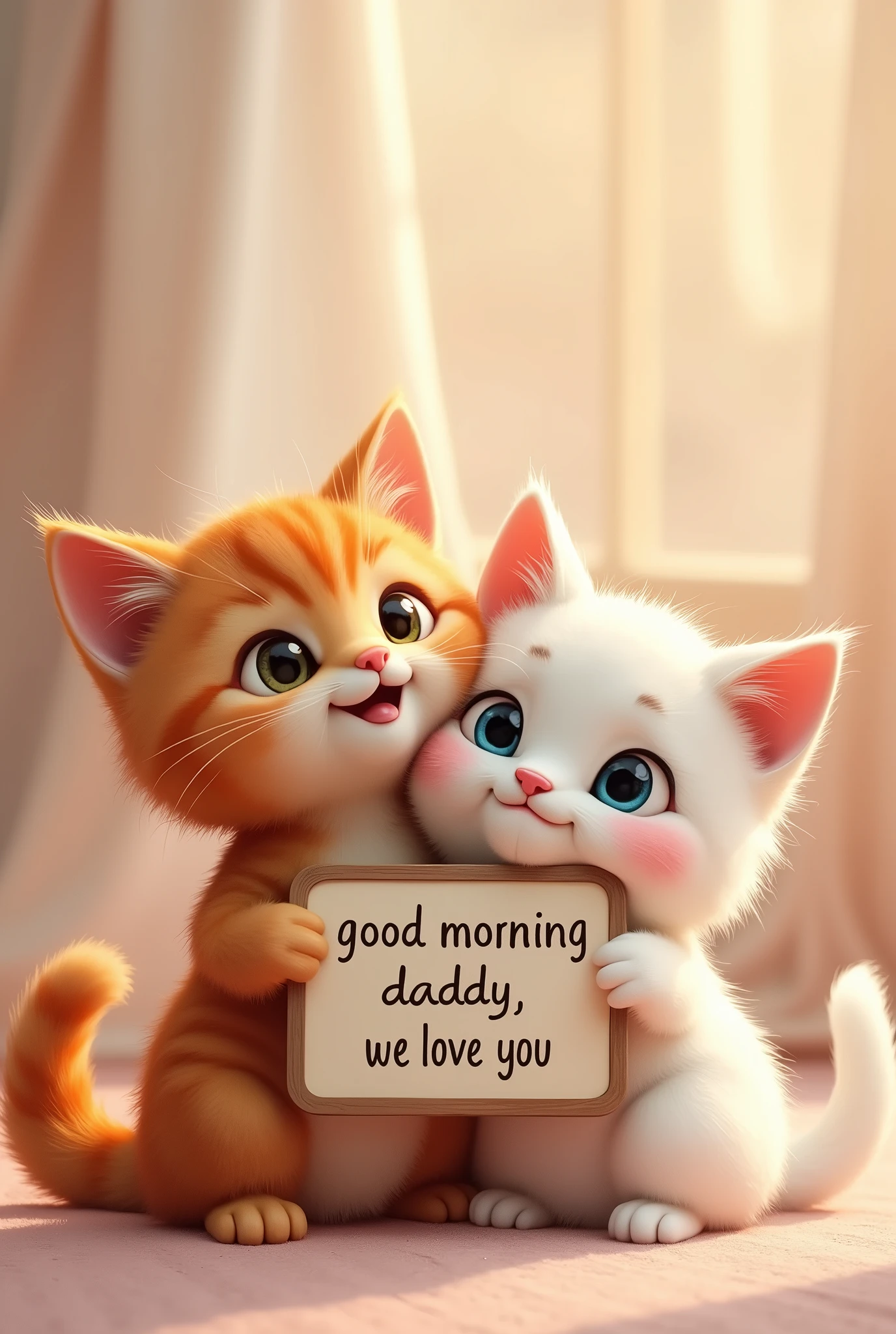 a fluffy orange cat and a white cat hugging and holding a sign that says "good morning daddy, we love you", (best quality,4k,8k,highres,masterpiece:1.2),ultra-detailed,(realistic,photorealistic,photo-realistic:1.37),extremely detailed eyes and face,longeyelashes,beautiful detailed eyes,beautiful detailed lips,cute cat expressions,adorable cats,heartwarming scene,pastel colors,soft lighting,warm tones,cozy atmosphere