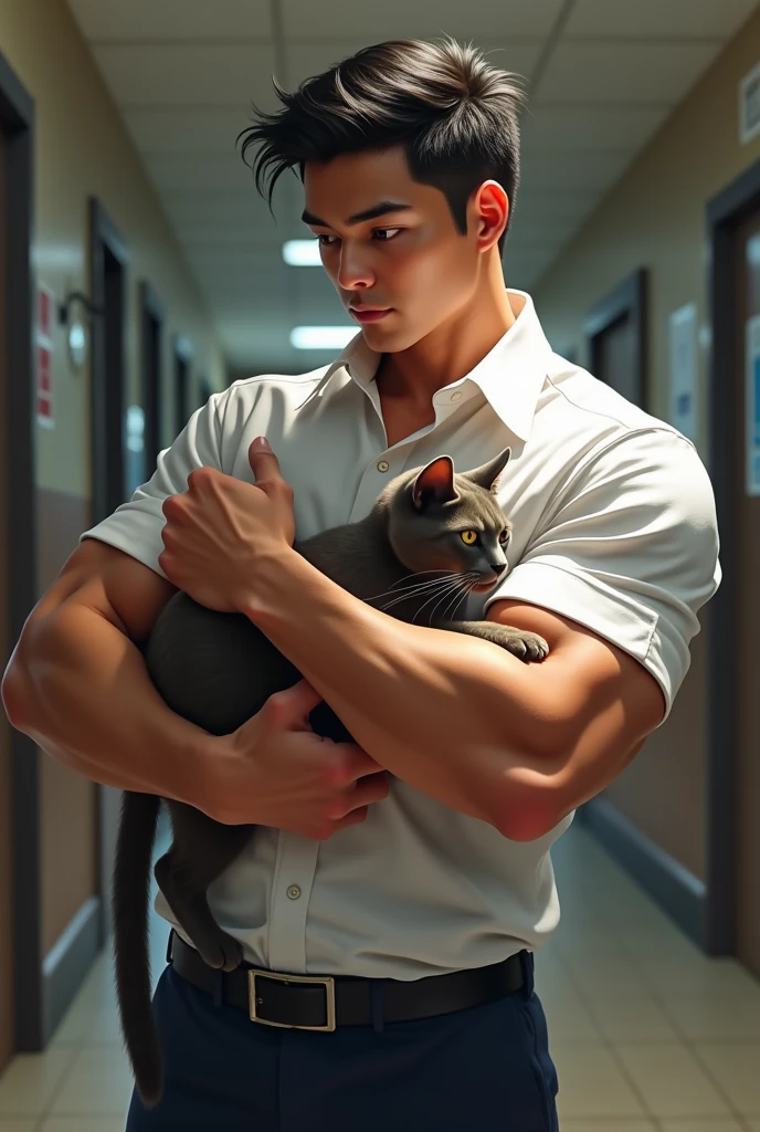 A muscular Thai man in a student uniform is holding a cat.
