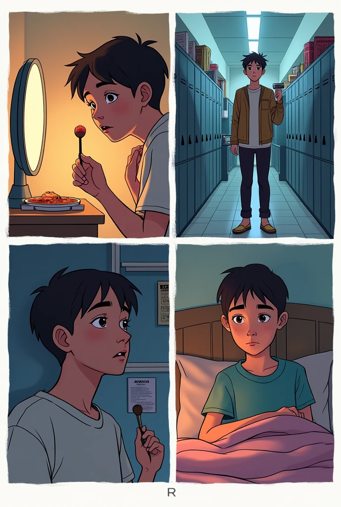Make me a four frame comic of a teenager in the first frame putting on makeup, in the second frame at school, On the third floor working cooking and on the fourth floor sleeping