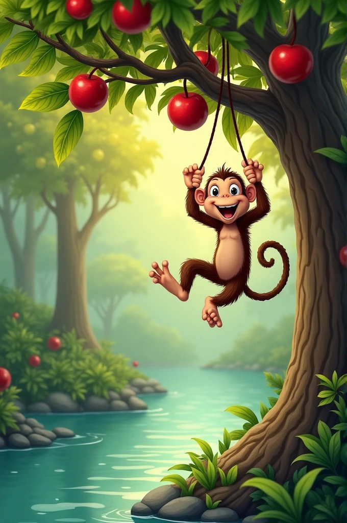 Once upon a time, in a lush green forest, there was a clever monkey who lived on a tall tree by a riverbank. The tree was full of juicy, red fruits that the monkey loved to eat. Every day, he would swing from branch to branch, enjoying the sweet fruits and the cool breeze from the river.