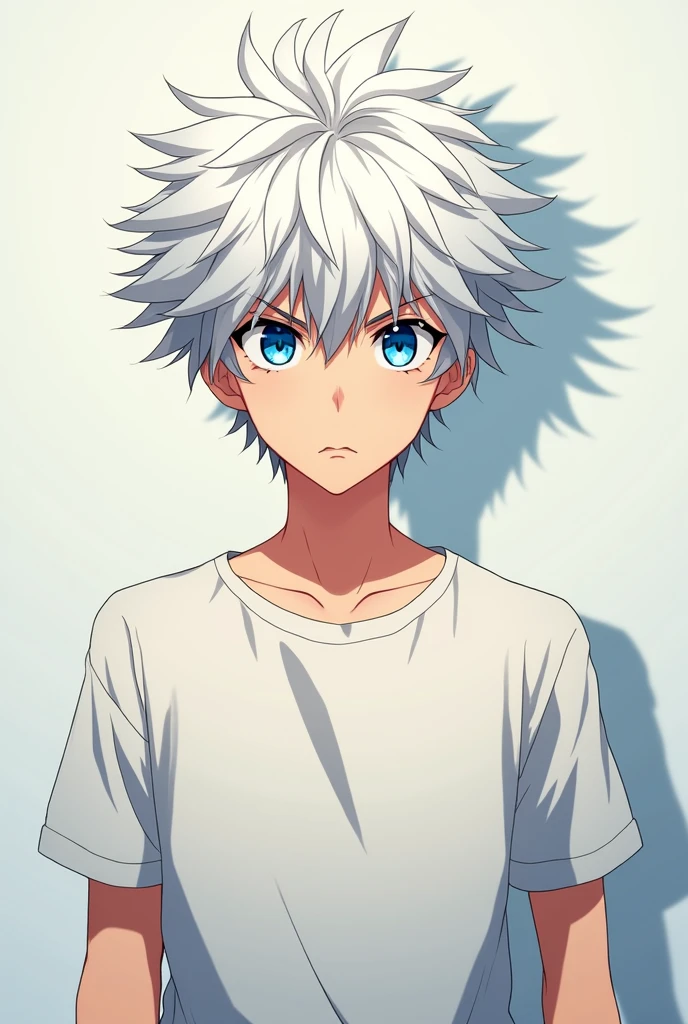 Anime boy with white curly hair and blue eyes with a t-shirt and a serious attitude