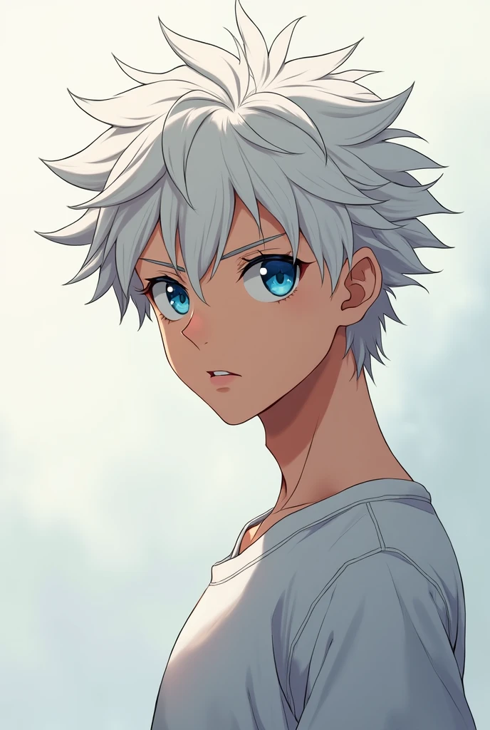 Anime boy with white curly hair and blue eyes with a t-shirt and a serious attitude